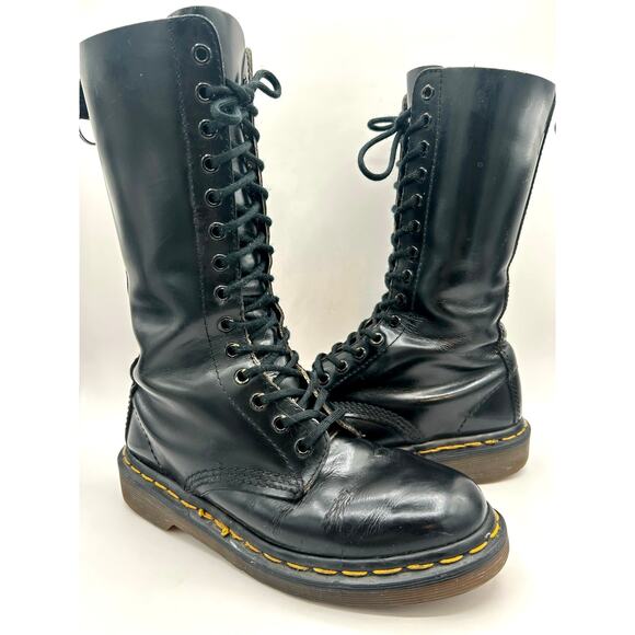 Vintage Dr Martens 1420 14 Eye black leather Combat boots England m 5 W 6 - Picture 1 of 12